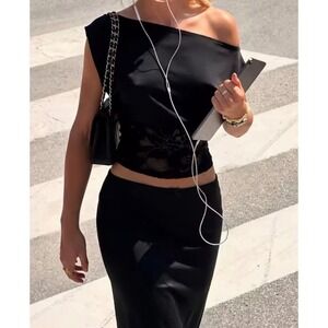 Womens Black Cowl Neck Cap Sleeve Blouse with Sheer Floral Lace Hem Top